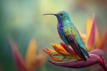 Naklejka premium Vibrant colibri hummingbird perched on exotic flower in tropical garden showcasing nature's beauty at dawn