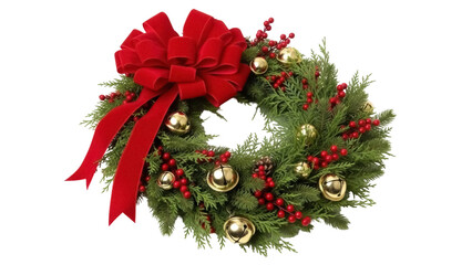 Isolated Christmas wreath with red bow and golden bells for seasonal decor holidays