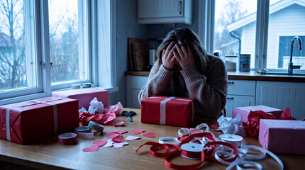 Frustrated Woman Struggling with Gift Wrapping Amid Valentine's Day Preparations in Cozy Kitchen