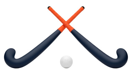 Isolated field hockey sticks crossed with a hockey ball centered on a simple backdrop, action sport