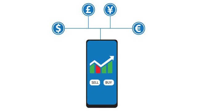 Mobile trading app with currency symbols and stock market graph