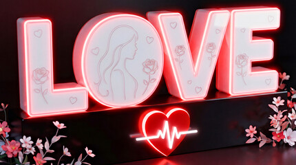 Illuminated Love Sign with Heartbeat and Floral Design for Romantic Decor
