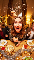 Excited Friends Celebrate New Year's Eve with Popping Champagne and Festive Dinner Party