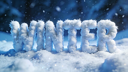 Snow-Covered Winter Word Art in Frosty Landscape Amid Falling Snowflakes