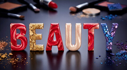 Creative Makeup Art: Bold Letters Spelling Beauty Surrounded by Cosmetics