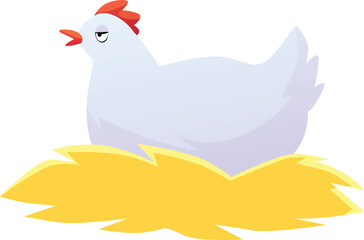 Poultry chicken bird sits on the hay and nests vector flat icon, cartoon farm fowl white hen, country animal for food