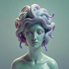 Medusa Gorgon With Sorrowful Expression and Holographic Tears, Capturing the Essence of Mythical Beauty and Emotional Depth in Surreal Art