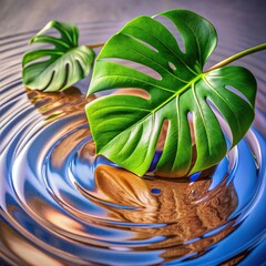Elegant Monstera Leaves Resting on Rippling Glass Surface With Reflections
