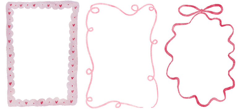 Hand-drawn watercolor set of delicate whimsical decorative frames. Romantic frames ideal for wedding stationery, valentine designs, invitations.