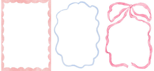 Hand-drawn watercolor set of delicate pink, blue decorative frames: scalloped rectangle, pink and blue bow. Romantic frames ideal for wedding stationery, valentine designs, invitations.