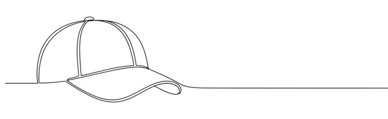 Continuous one line drawing of a baseball cap. Vector illustration of sport hat headwear isolated on white background. Minimalist fashion concept