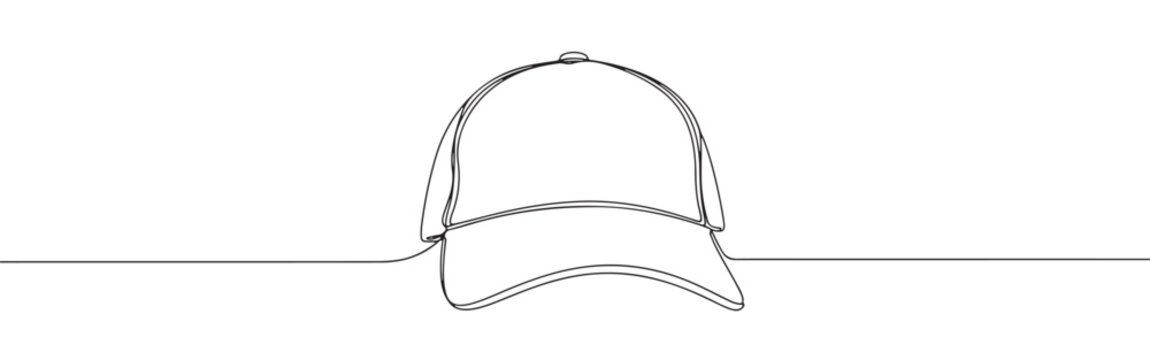 Continuous one line drawing of a baseball cap. Vector illustration of sport hat headwear isolated on white background. Minimalist fashion concept