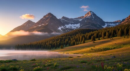 A serene mountain landscape with a calm lake, lush greenery, and majestic snow-capped peaks at sunrise.
