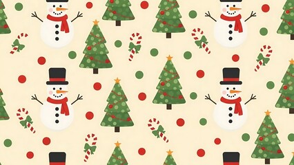 Festive Christmas Pattern with Snowmen, Trees, and Candy Canes.