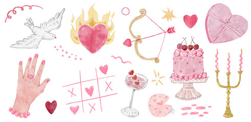 Whimsical watercolor set of pink Valentine's elements: dove, flaming heart, bow and arrow, cherry cake, hand with ring,  martini glass, fortune cookie, and elegant candelabra. 