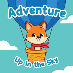Cute Cartoon Fox in Hot Air Balloon Adventure Up in the Sky