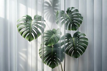 Green palm with reeded glass. Plant leaves. White Reeded Glass. Cosmetic template on beautiful magazine decor. Ribbed Background. Abstract background with refreshing gradient for spa style design.