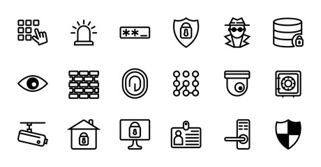 Security and protection line icon set. Includes keypad, alarm, password, shield, hacker, database, eye, firewall, fingerprint, pattern, cctv, safe, dome camera, smart home, monitor, and id card.