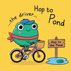 Cute Cartoon Frog Riding Bicycle Hop to the Green Pond Adventure