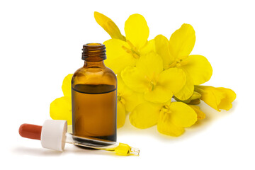 Rapeseed flowers with bottle with  essence