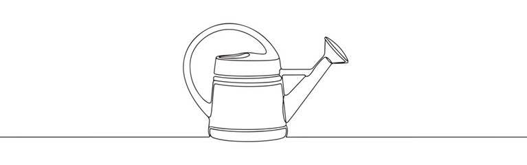 Continuous one line drawing of a watering can. Vector illustration of a garden tool for plants isolated on white background. Minimalist agriculture concept