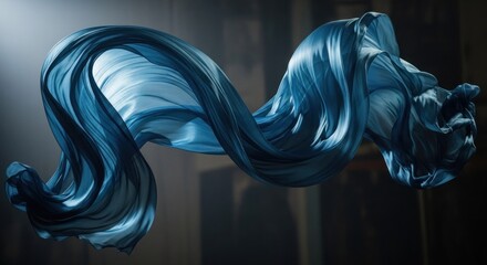 A blue and white abstract wave-like shape in motion, with a blurred background and a soft, ethereal light source.