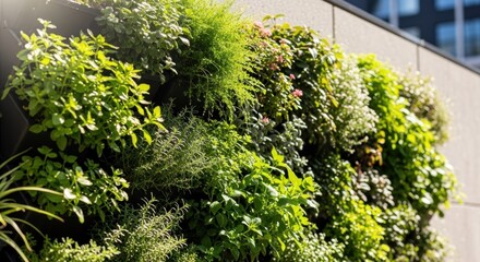 A vibrant green and red herb garden wall with a modern concrete wall in the background.