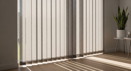 A modern, minimalist living room with a large window featuring a set of light-colored vertical blinds, casting a soft, diffused light throughout the space.