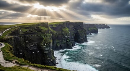 The Cliffs of Moher, a famous landmark in County Clare, Ireland, with sunbeams shining through the clouds and the ocean in the background.