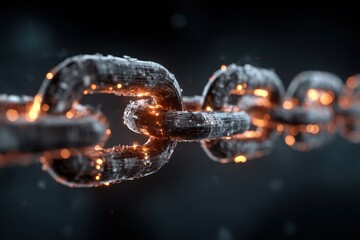 Visualization of blockchain technology with interconnected digital links glowing against a dark background in a futuristic setting