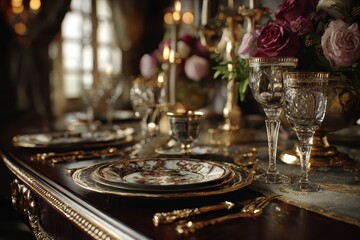 Fototapeta premium Elegant luxury table setting with fine china, crystal glassware, and floral arrangements in an opulent dining area at twilight
