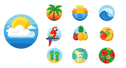 A colorful summer icon set with tropical elements, including palm trees, waves, and fruits.