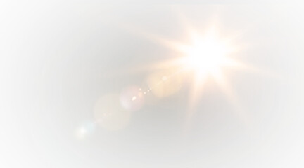 Yellow star flashed with sparkles sun isolated on white background. Soft glow without departing rays, sunlight with lens flare effect. PNG vector light effect.   © Inna(Taras)