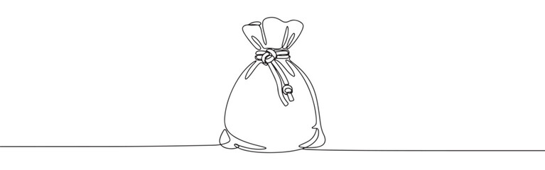Continuous one line drawing of a money bag. Vector illustration of a sack tied with a rope isolated on white background. Minimalist finance concept