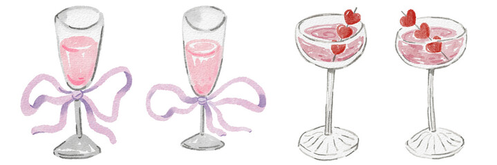 Whimsical watercolor glasses: champagne flutes with ribbons and martini glasses with heart garnishes. Perfect for celebrations, romantic events, and party invitations.
