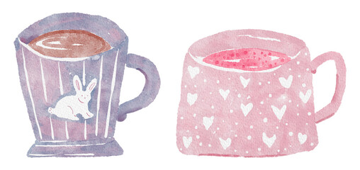 Watercolor cozy mugs in soft pastels: a lavender cup with a rabbit and a pink heart-patterned mug. Perfect for lifestyle branding, cozy prints and kitchen decor.