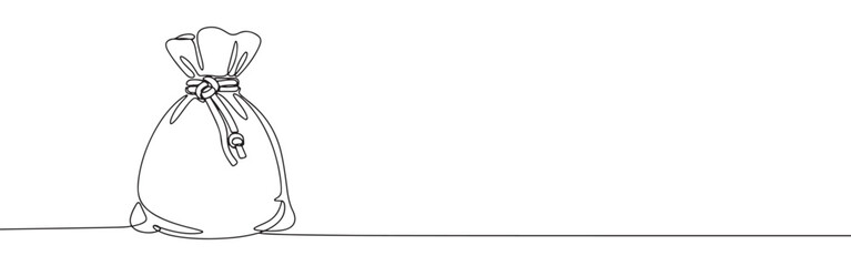Continuous one line drawing of a money bag. Vector illustration of a sack tied with a rope isolated on white background. Minimalist finance concept © drawing lines
