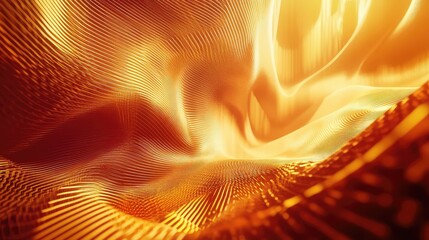 Glowing golden waves form a dynamic network of flowing lines and curves, evoking data transfer, energy and elegant digital innovation in a futuristic, luminous abstract background