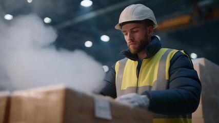 A worker in a frozen warehouse scanning barcodes on stacked pallets of frozen products, icy fog rising from the floor as automated lifts move in the background — cold-chain inventory management, - Powered by Adobe
