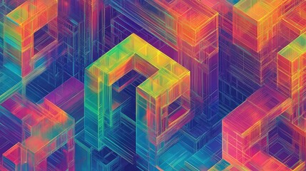 Abstract isometric wireframe cuboid pattern showing complex connections and structural forms in vibrant rainbow gradient colors, representing data flow or digital architecture