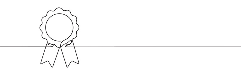 Continuous one line drawing of an award ribbon. Vector illustration of a winner badge rosette isolated on white background. Minimalist achievement concept