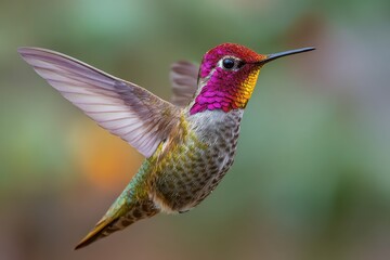 Fototapeta premium Male Annas Hummingbird hovers gracefully while sipping nectar from a flower in a vibrant garden during springtime in California