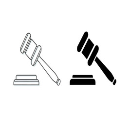 A simple black and white illustration depicting two gavels and sounding blocks representing justice and legal proceedings