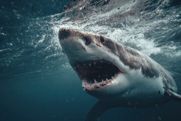 Fototapeta premium Great white shark lunges forward with mouth wide open in murky ocean waters, showcasing powerful jaw and predatory instincts during an underwater encounter