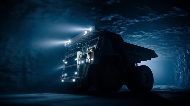Giant mining dump truck with bright lights illuminates a dark, rocky underground tunnel