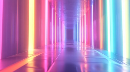 Illuminated neon tunnel with vibrant pink, purple and blue light bars reflecting on a polished floor, creating an immersive, futuristic corridor and abstract digital pathway