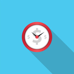 Clock icon with dollar sign flat design. Clock icon with long shadow on blue background. 