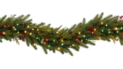 Seamless Christmas border with realistic green fir branches, pine needles, and glowing holiday light garlands. Perfect for winter greeting cards, web banners, and festive design elements. PNG format.