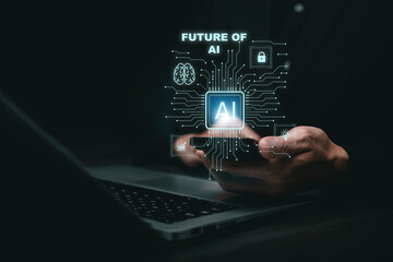 A hand holding a smartphone with a future of AI interface, representing artificial intelligence, digital transformation, data security, innovation, and advanced technology development.