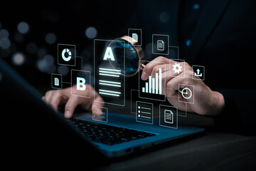 A professional analyzing digital documents and data with an AI interface on a laptop, representing artificial intelligence, data analysis, content management, and business technology.
